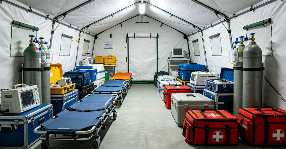 Medical tent equipment and supplies neatly organized with oxygen cylinders and stretchers