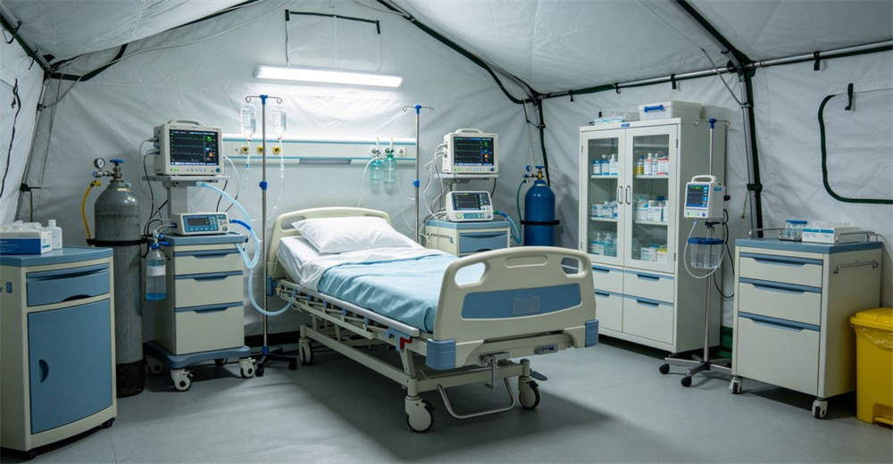 Medical tent interior fully equipped with patient monitors, oxygen cylinders and medication cabinets