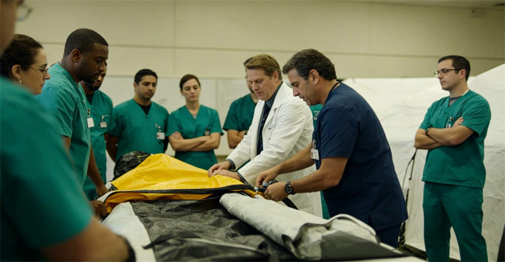 Medical staff receiving tent operation training from instructor demonstrating inflation procedure