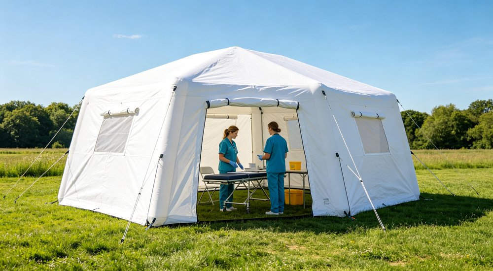 Small 12 square meter inflatable medical tent for 3-6 people, green grass, blue sky red and white inflatable emergency shelter for disaster relief operations