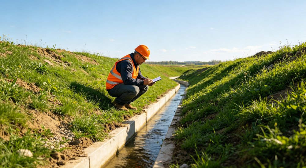 Drainage check for inflatable medical tent site, worker inspecting water flow, green grass red and white inflatable emergency shelter for disaster relief operations