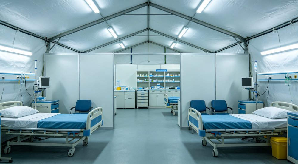 Function zones inside inflatable medical tent showing triage treatment waiting areas, bright interior red and white inflatable emergency shelter for disaster relief operations