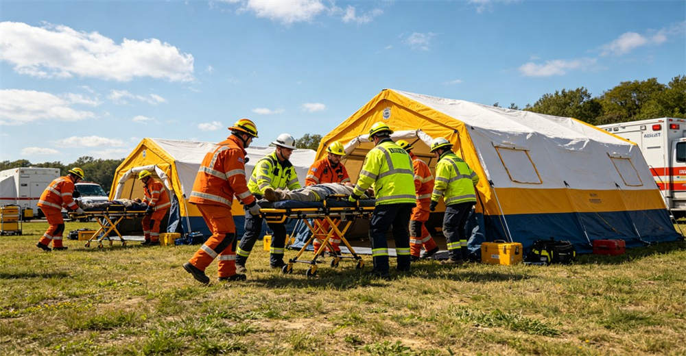 Emergency response drill with team collaborating to quickly deploy medical tents in simulation exercise