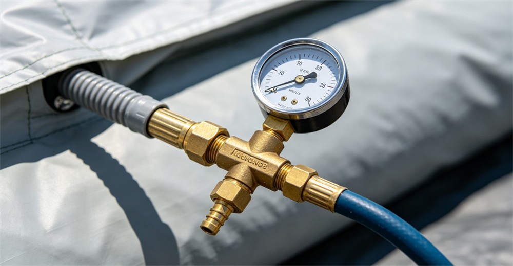 Close-up of inflation valve and air pressure gauge on medical inflatable tent with brass connector