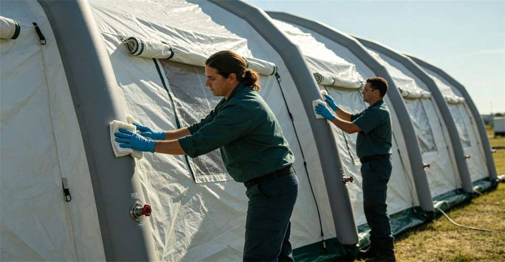 Workers cleaning and maintaining medical inflatable tent, inspecting air beams and fabric outdoors