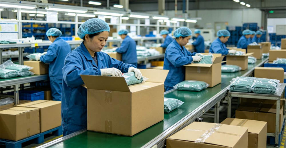 Factory workers packing medical tents into cardboard boxes, labeling packages for shipment