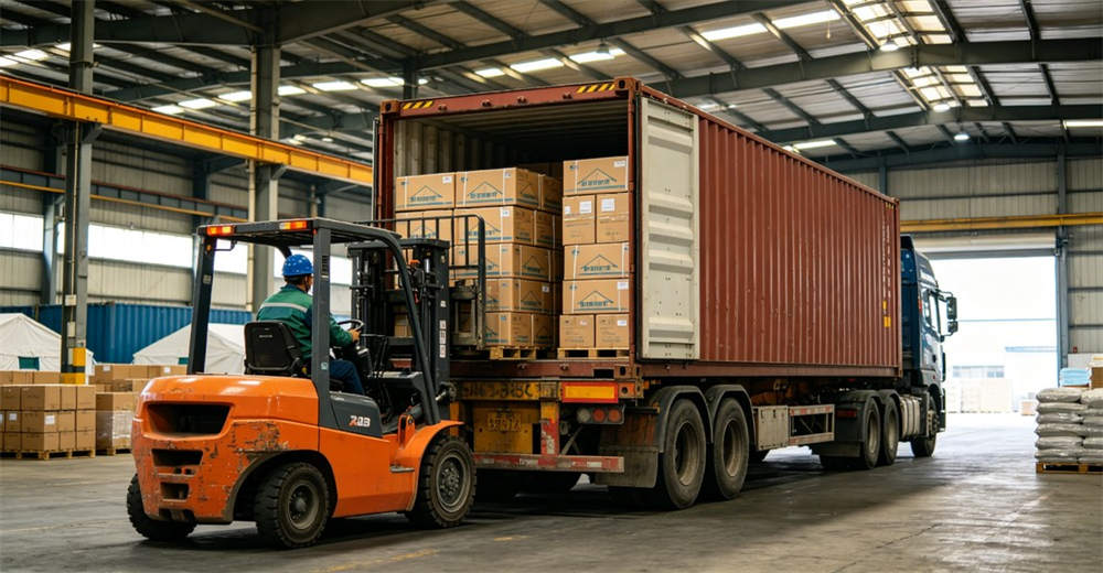 Shipping container loading with medical tent cartons using forklift in logistics warehouse