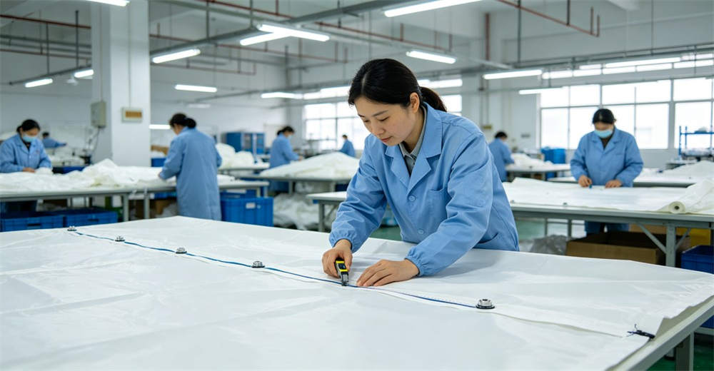 Factory quality inspection workshop with workers checking medical tent quality and seams