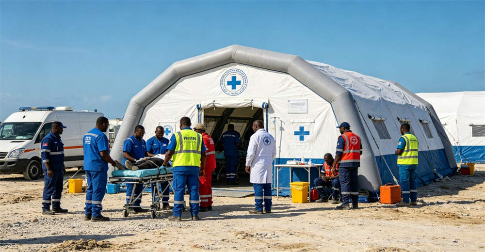 International rescue organization using medical tents in overseas disaster zone with multinational team
