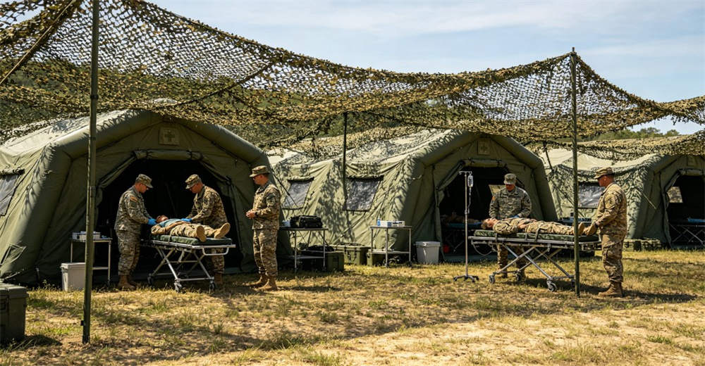 Military field hospital with medical inflatable tents deployed for combat casualty care