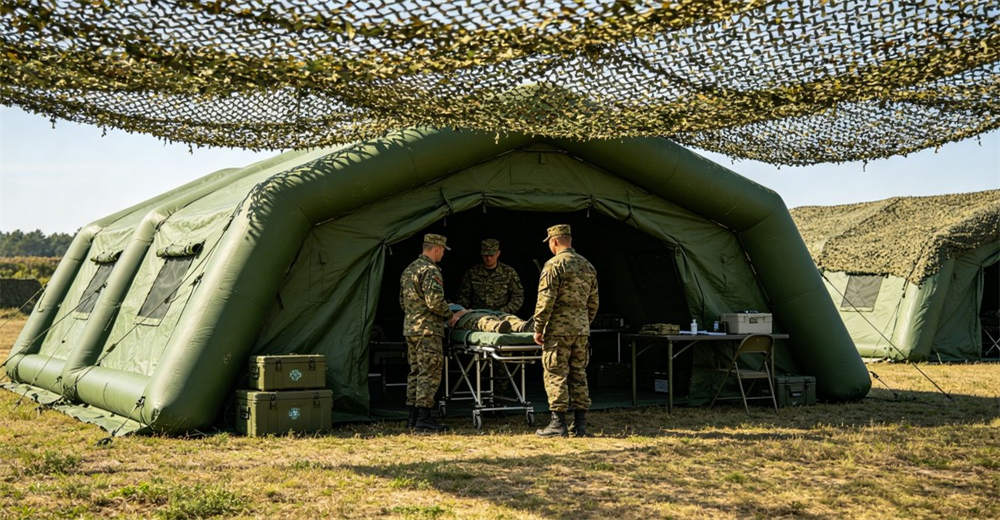 Green military medical inflatable tent in field deployment with army medical personnel in uniform