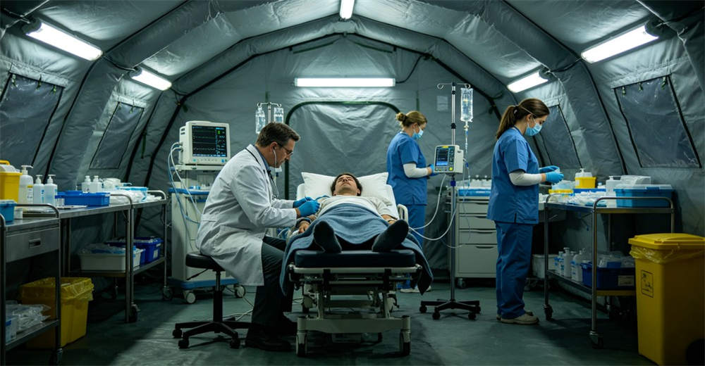 Medical staff working inside inflatable emergency tent, doctor examining patient with equipment