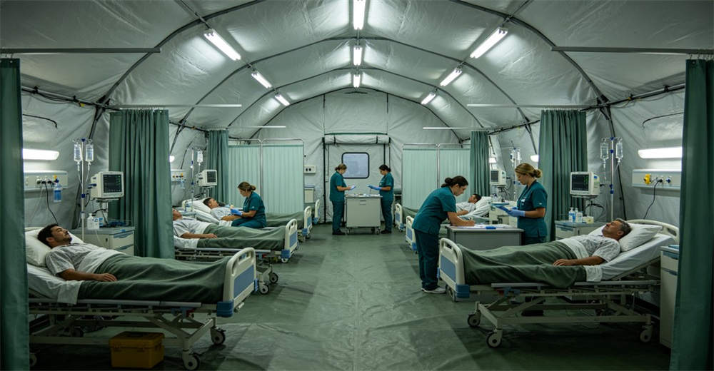 Field hospital triage area inside large medical inflatable tent with multiple patient beds and nurses