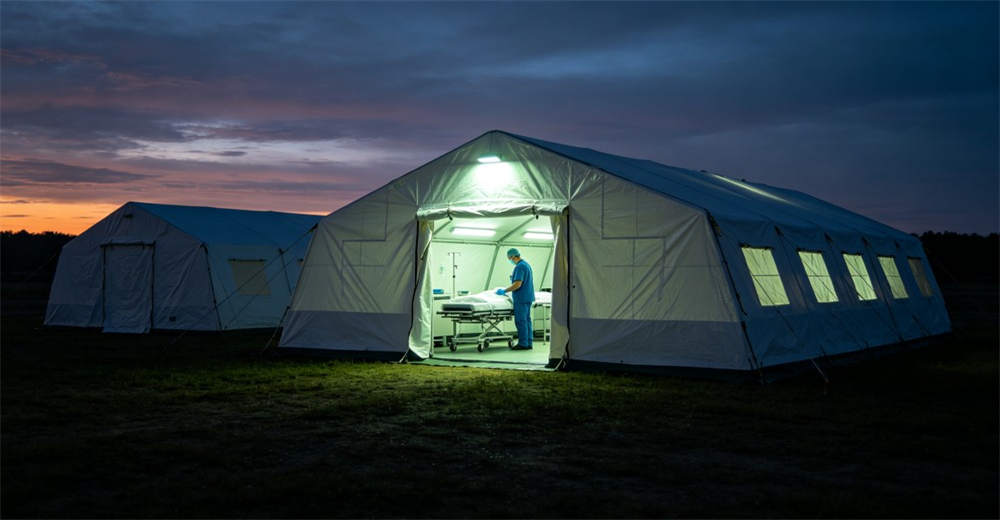 Emergency medical tent at night with interior LED lighting glowing, field hospital operating after dark