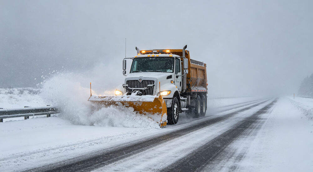 Snow plow clearing a frozen highway during a severe winter blizzard, critical for bulk winter storm response operations