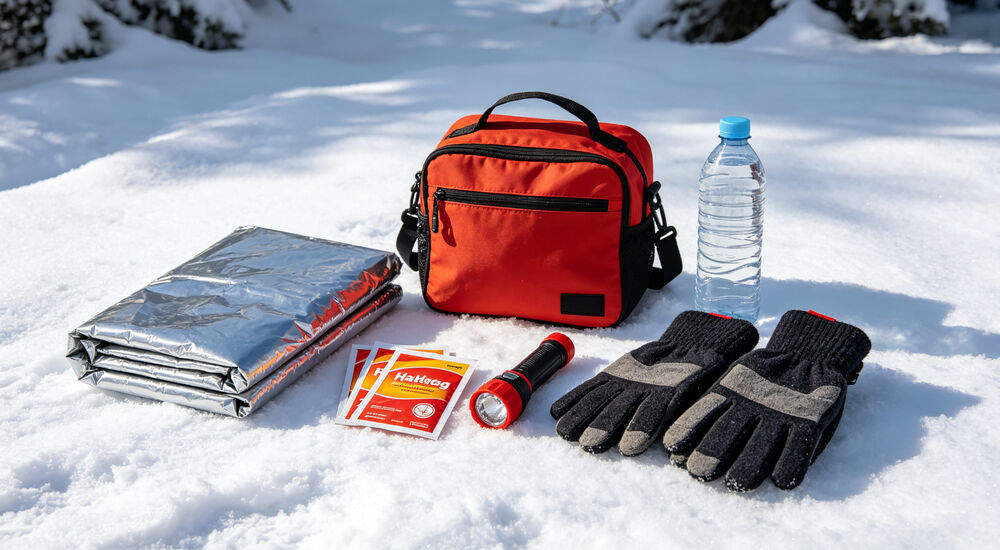 Winter emergency kit items laid out on snow including thermal blanket, hand warmers, flashlight, gloves for cold weather preparedness