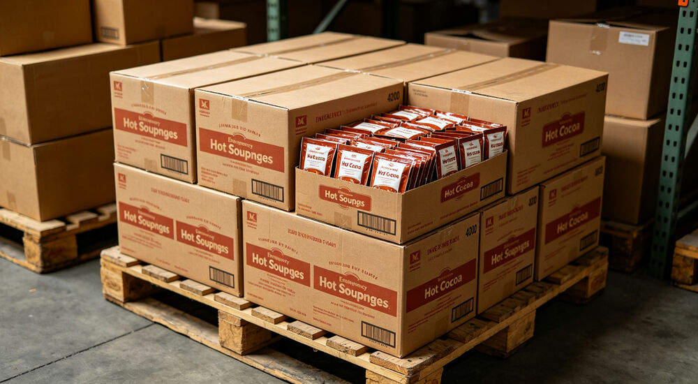Cardboard boxes of emergency hot soup rations and hot cocoa packets stacked on a warehouse pallet