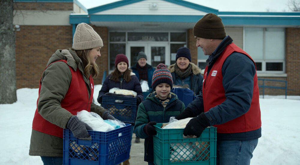 Volunteers handing out winter supply kits to families outside a community center on a snowy day