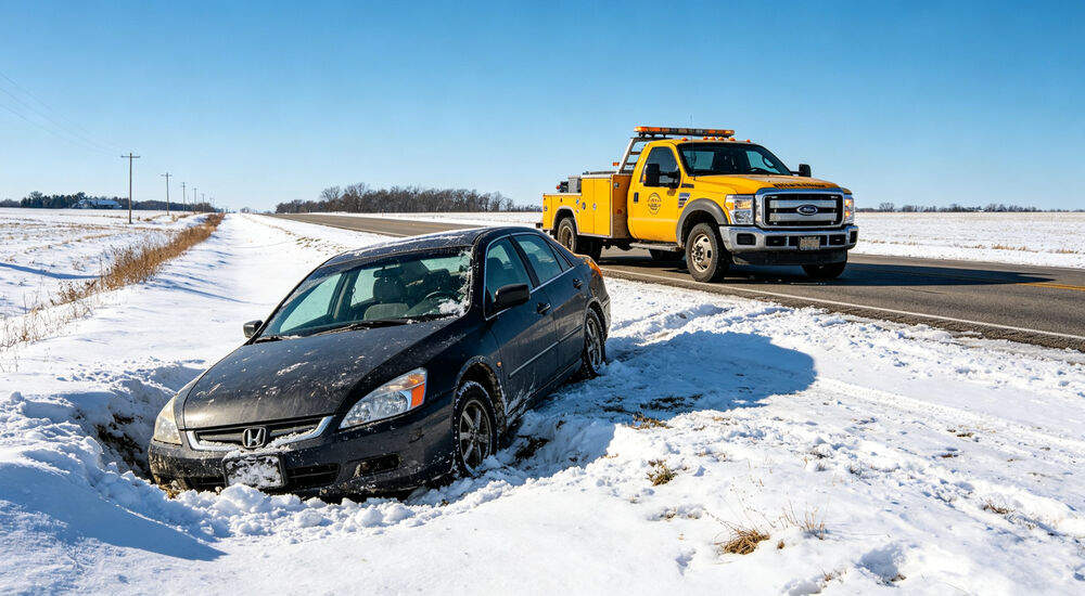 Car stuck in a snowy ditch on an American country road, yellow rescue truck stopped behind it, bright sunny day