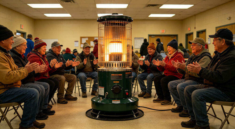 Large cylindrical diesel space heater running in a community warming center, people sitting around it warming hands