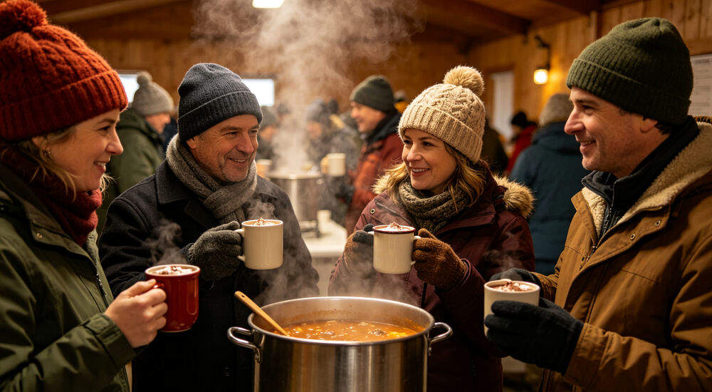 People in a warming center holding mugs of hot cocoa and hot soup, steam rising from warm drinks People in a warming center holding mugs of hot cocoa and hot soup, steam rising from warm drinks