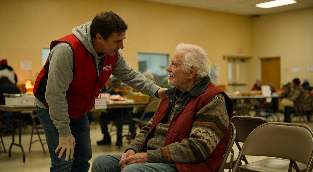 Volunteer in red vest checking on an elderly person sitting in a warming center, bright warm indoor lighting Volunteer in red vest checking on an elderly person sitting in a warming center, bright warm indoor lighting