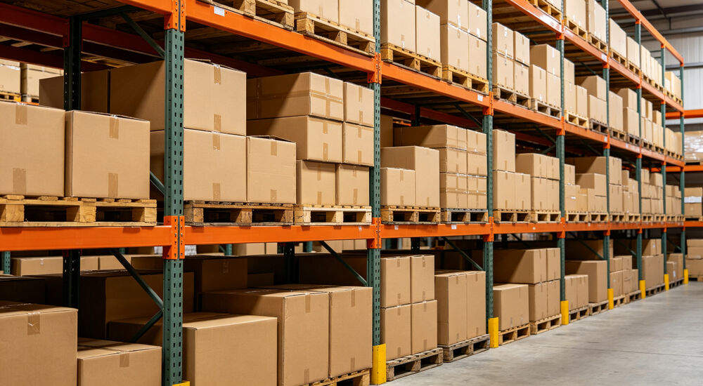 Organized cardboard winter supply boxes stacked on warehouse shelves, clean bright lighting
