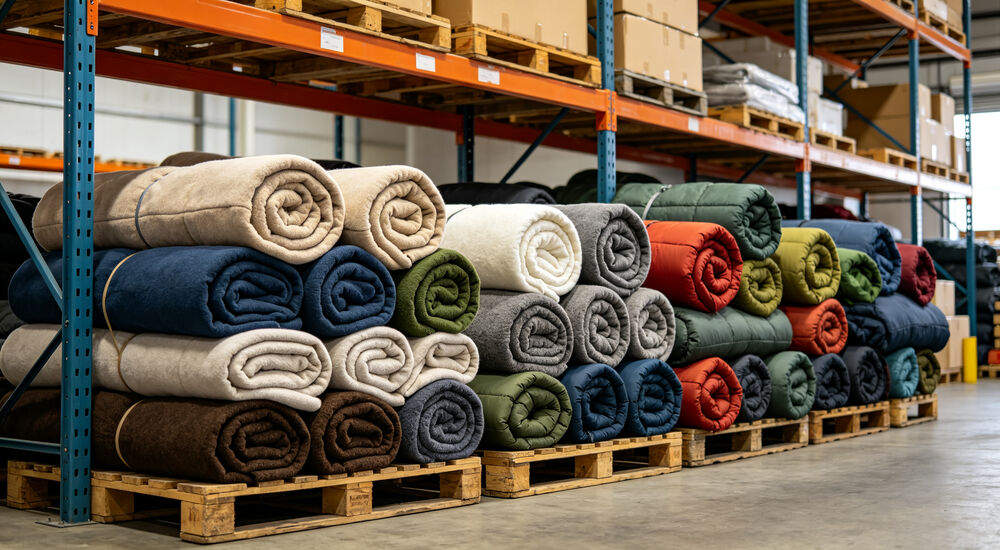 Rolled thick fleece blankets and sleeping bags stacked on wooden pallets, ready for shipment