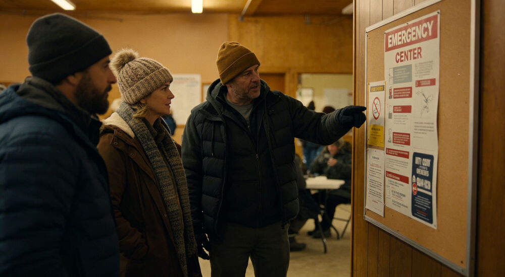 People in a warming center reading the emergency notice board, clear communication saves lives during winter storms People in a warming center reading the emergency notice board, clear communication saves lives during winter storms