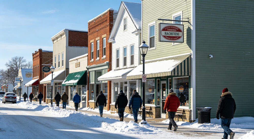 Small American main street in extreme winter cold, people walking in heavy winter coats, bright sunny day Small American main street in extreme winter cold, people walking in heavy winter coats, bright sunny day