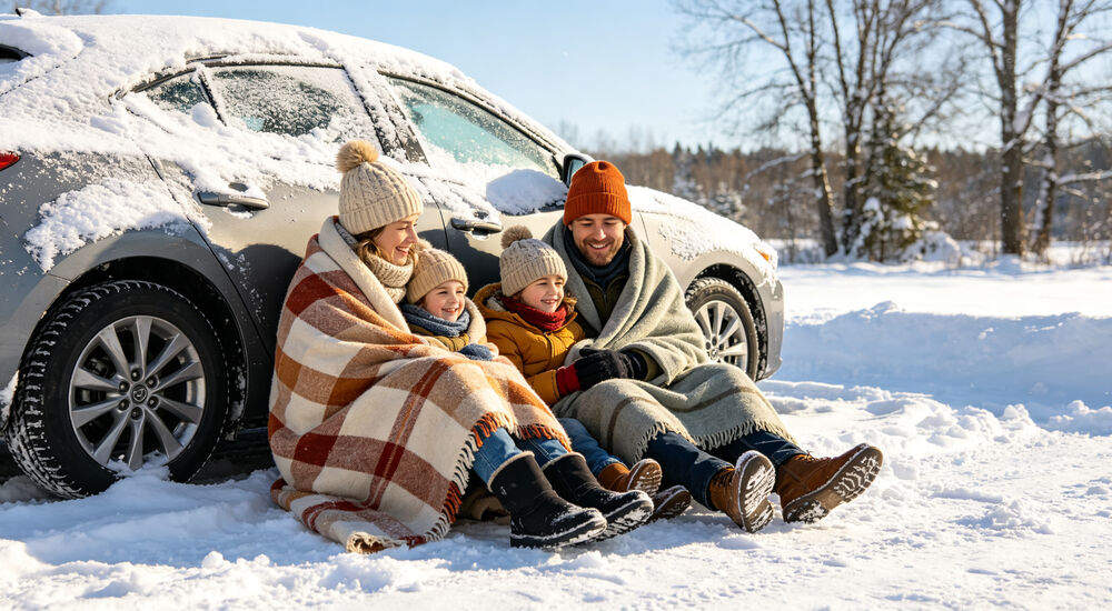 Family wrapped in thick blankets sitting next to their snow-covered car waiting for rescue on a bright winter day