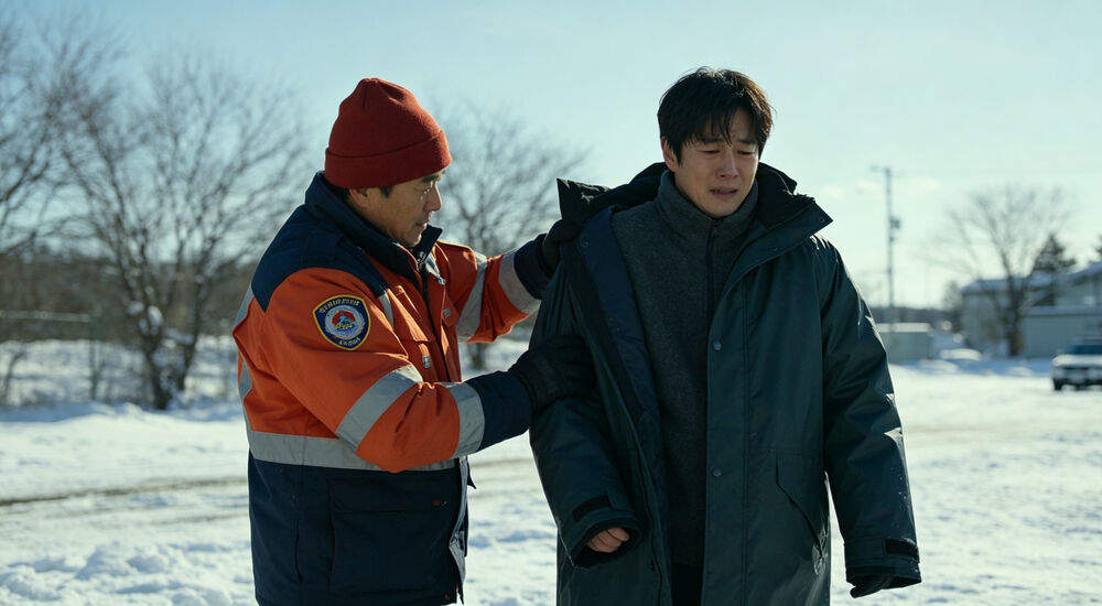 Rescue volunteer putting a thick long waterproof emergency winter coat on a shivering person outside