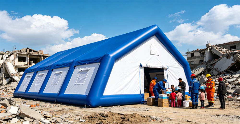 Aerial wide-angle of relief camp overview showing blue green beige tents arranged in neat rows with pathways. Professional inflatable disaster relief tent manufactured for humanitarian aid and emergency response operations worldwide. Aerial wide-angle of relief camp overview showing blue green beige tents arranged in neat rows with pathways. Professional inflatable disaster relief tent manufactured for humanitarian aid and emergency response operations worldwide.