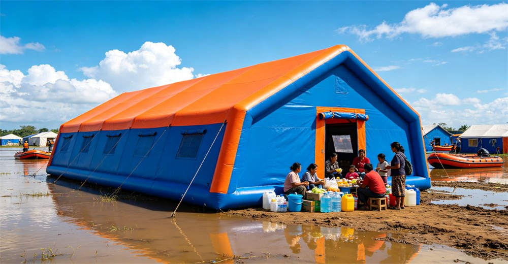 Eye-level of earthquake response deployment showing grey navy blue inflatable tent being set up by rescue workers. Professional inflatable disaster relief tent manufactured for humanitarian aid and emergency response operations worldwide. Eye-level of earthquake response deployment showing grey navy blue inflatable tent being set up by rescue workers. Professional inflatable disaster relief tent manufactured for humanitarian aid and emergency response operations worldwide.