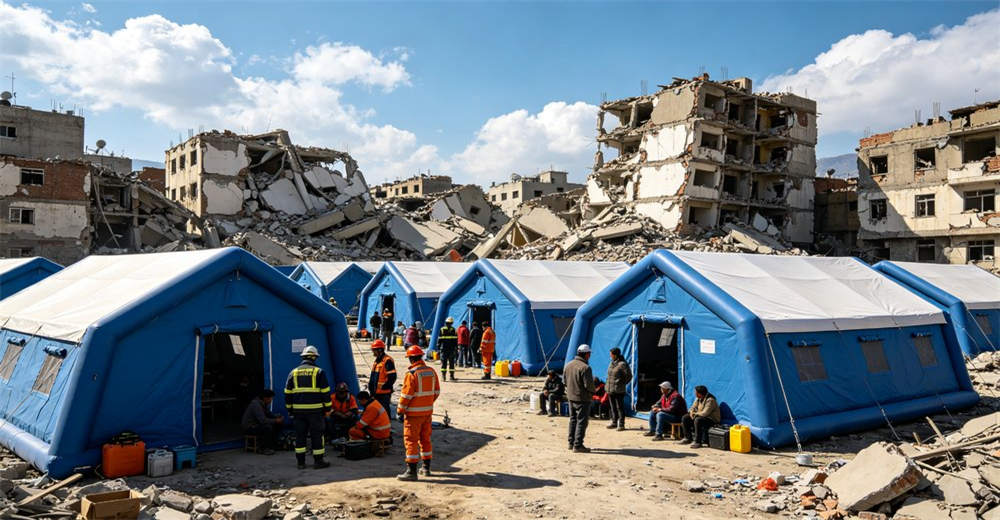 Eye-level side of family shelter side view showing beige tan white family entering tent with belongings at refugee camp. Professional inflatable disaster relief tent manufactured for humanitarian aid and emergency response operations worldwide.