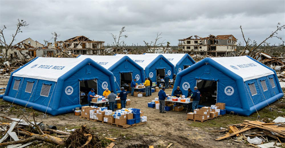 Eye-level of medical clinic exterior showing white red cross medical tent with red cross marking at disaster zone. Professional inflatable disaster relief tent manufactured for humanitarian aid and emergency response operations worldwide. Eye-level of medical clinic exterior showing white red cross medical tent with red cross marking at disaster zone. Professional inflatable disaster relief tent manufactured for humanitarian aid and emergency response operations worldwide.