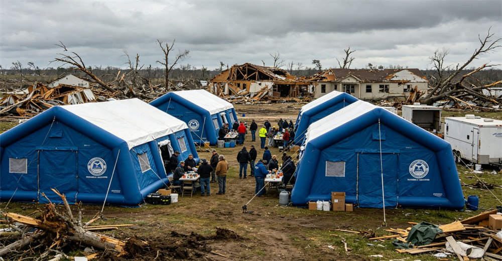 Eye-level of sanitation facilities showing grey blue sanitation tent with handwashing stations at camp. Professional inflatable disaster relief tent manufactured for humanitarian aid and emergency response operations worldwide. Eye-level of sanitation facilities showing grey blue sanitation tent with handwashing stations at camp. Professional inflatable disaster relief tent manufactured for humanitarian aid and emergency response operations worldwide.