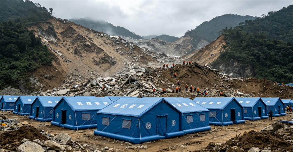 Eye-level of camp management meeting showing blue white aid workers discussing camp operations outside tent. Professional inflatable disaster relief tent manufactured for humanitarian aid and emergency response operations worldwide. Eye-level of camp management meeting showing blue white aid workers discussing camp operations outside tent. Professional inflatable disaster relief tent manufactured for humanitarian aid and emergency response operations worldwide.