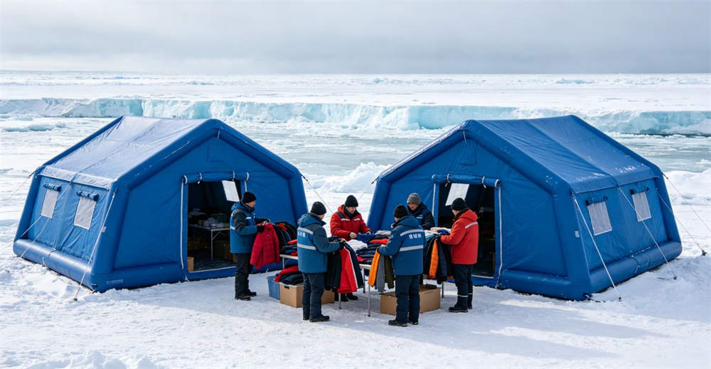 Eye-level of food distribution center showing white blue food distribution tent with people receiving supplies. Professional inflatable disaster relief tent manufactured for humanitarian aid and emergency response operations worldwide. Eye-level of food distribution center showing white blue food distribution tent with people receiving supplies. Professional inflatable disaster relief tent manufactured for humanitarian aid and emergency response operations worldwide.