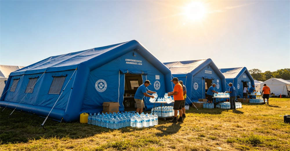Eye-level of water supply point showing blue white water distribution tent with tanks and filling stations. Professional inflatable disaster relief tent manufactured for humanitarian aid and emergency response operations worldwide. Eye-level of water supply point showing blue white water distribution tent with tanks and filling stations. Professional inflatable disaster relief tent manufactured for humanitarian aid and emergency response operations worldwide.