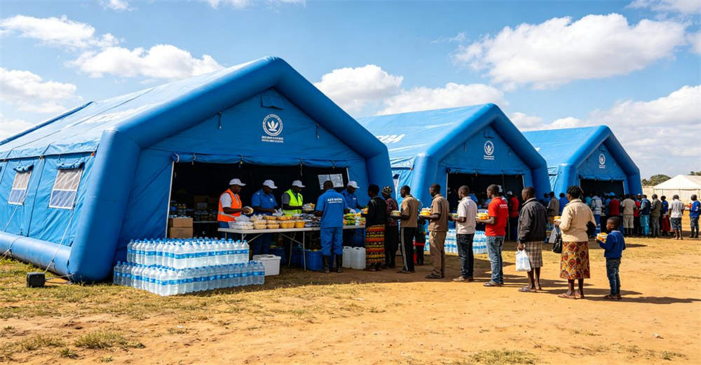 Wide-angle of proper storage warehouse showing white industrial warehouse showing tents properly stored on pallets. Professional inflatable disaster relief tent manufactured for humanitarian aid and emergency response operations worldwide.