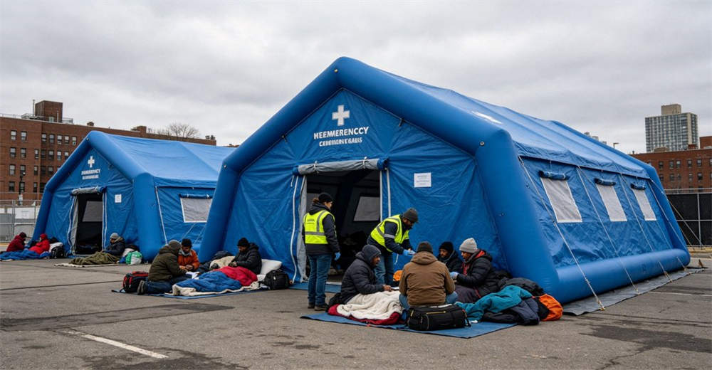 Eye-level of emergency response team showing orange blue response team in uniform preparing tents for deployment. Professional inflatable disaster relief tent manufactured for humanitarian aid and emergency response operations worldwide. Eye-level of emergency response team showing orange blue response team in uniform preparing tents for deployment. Professional inflatable disaster relief tent manufactured for humanitarian aid and emergency response operations worldwide.