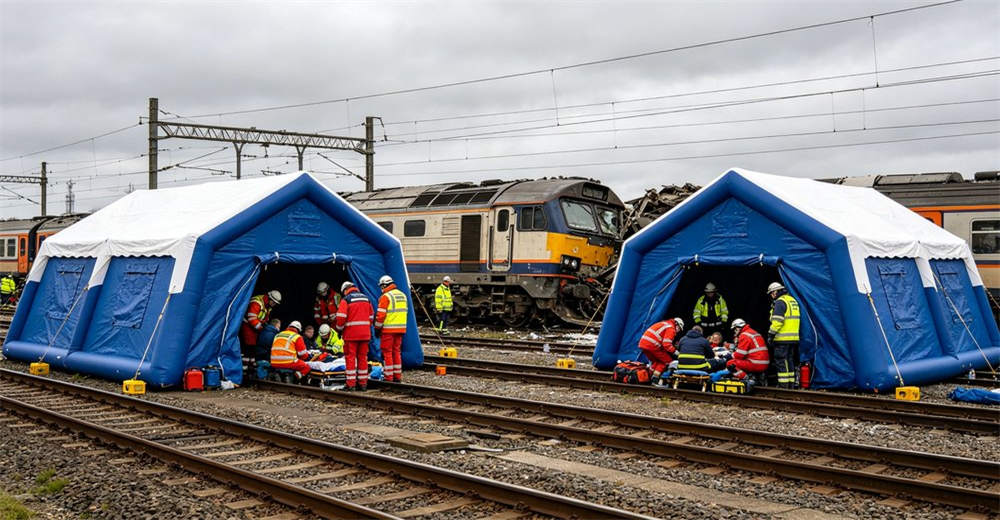 Eye-level of flood relief deployment showing blue grey tents deployed in flood affected area with elevated flooring. Professional inflatable disaster relief tent manufactured for humanitarian aid and emergency response operations worldwide. Eye-level of flood relief deployment showing blue grey tents deployed in flood affected area with elevated flooring. Professional inflatable disaster relief tent manufactured for humanitarian aid and emergency response operations worldwide.