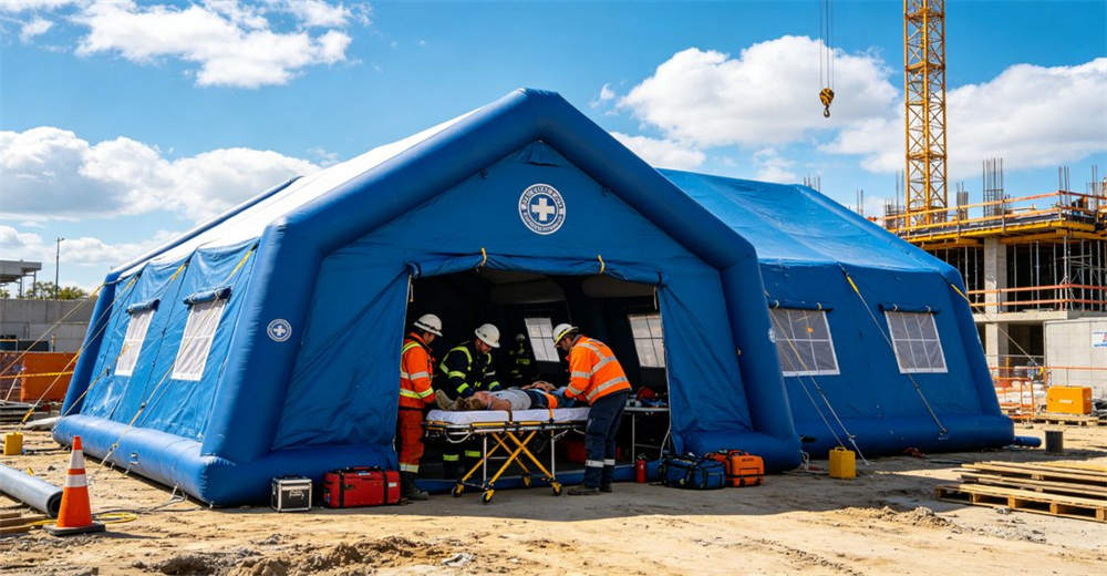 Eye-level of generator power system showing yellow black generator providing power to tent lighting system. Professional inflatable disaster relief tent manufactured for humanitarian aid and emergency response operations worldwide. Eye-level of generator power system showing yellow black generator providing power to tent lighting system. Professional inflatable disaster relief tent manufactured for humanitarian aid and emergency response operations worldwide.