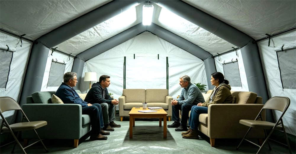 Eye-level of communal kitchen facility showing orange white communal kitchen tent with cooking equipment at camp. Professional inflatable disaster relief tent manufactured for humanitarian aid and emergency response operations worldwide. Eye-level of communal kitchen facility showing orange white communal kitchen tent with cooking equipment at camp. Professional inflatable disaster relief tent manufactured for humanitarian aid and emergency response operations worldwide.