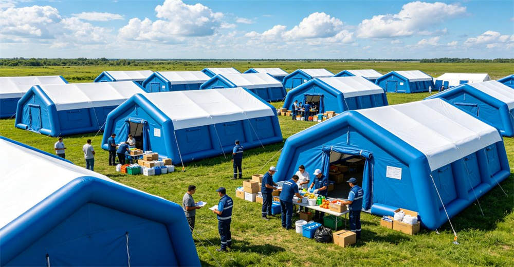 Eye-level of volunteers carrying tent showing blue orange volunteers carrying packed tent to deployment location. Professional inflatable disaster relief tent manufactured for humanitarian aid and emergency response operations worldwide. Eye-level of volunteers carrying tent showing blue orange volunteers carrying packed tent to deployment location. Professional inflatable disaster relief tent manufactured for humanitarian aid and emergency response operations worldwide.