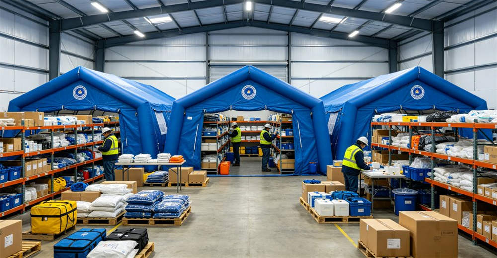 Eye-level of medical triage tent showing white red medical triage tent with patients being assessed. Professional inflatable disaster relief tent manufactured for humanitarian aid and emergency response operations worldwide. Eye-level of medical triage tent showing white red medical triage tent with patients being assessed. Professional inflatable disaster relief tent manufactured for humanitarian aid and emergency response operations worldwide.