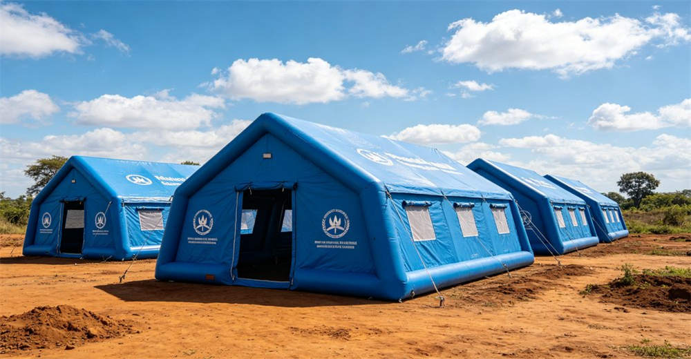 Eye-level of delivery truck loading showing white blue delivery truck being loaded with packed tents for shipment. Professional inflatable disaster relief tent manufactured for humanitarian aid and emergency response operations worldwide. Eye-level of delivery truck loading showing white blue delivery truck being loaded with packed tents for shipment. Professional inflatable disaster relief tent manufactured for humanitarian aid and emergency response operations worldwide.