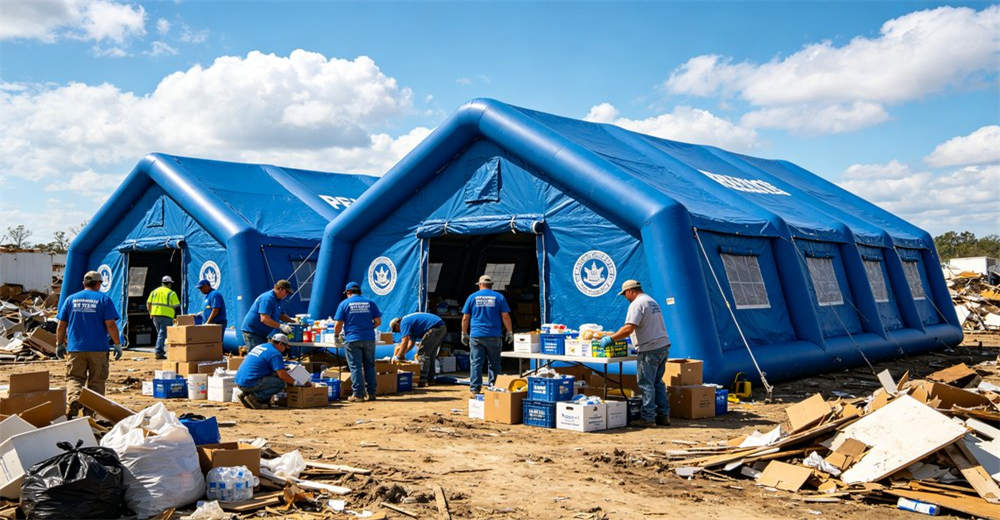 Eye-level of emergency command center showing blue white command center tent with maps and communication equipment. Professional inflatable disaster relief tent manufactured for humanitarian aid and emergency response operations worldwide. Eye-level of emergency command center showing blue white command center tent with maps and communication equipment. Professional inflatable disaster relief tent manufactured for humanitarian aid and emergency response operations worldwide.