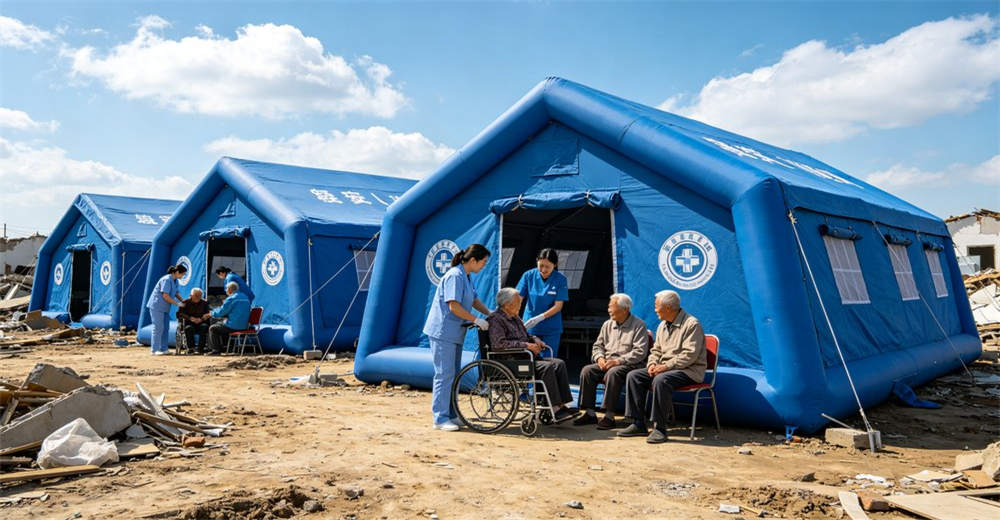 Aerial wide-angle of large camp panorama showing blue green beige wide panorama showing large scale relief camp operation. Professional inflatable disaster relief tent manufactured for humanitarian aid and emergency response operations worldwide. Aerial wide-angle of large camp panorama showing blue green beige wide panorama showing large scale relief camp operation. Professional inflatable disaster relief tent manufactured for humanitarian aid and emergency response operations worldwide.